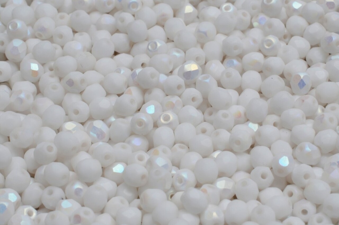 4mm Czech Fire Polish Round Bead, Matte Opaque White AB, 50 pieces